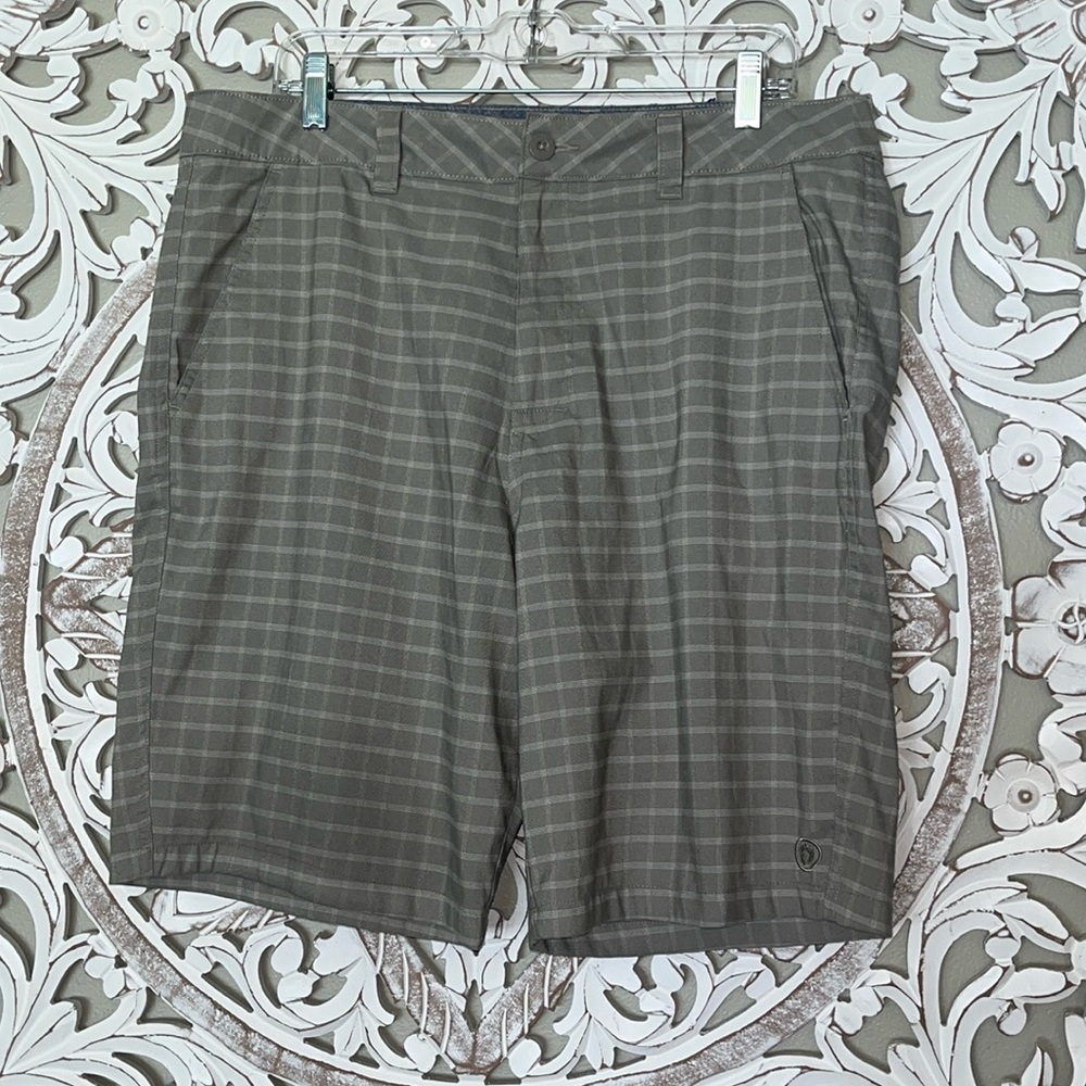 Hang Ten Plaid Pantern Flat Front Tan and Cream Men’s Shorts sz 36 EUC